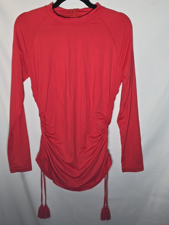 J. Crew Other - J. Crew Red Long-Sleeve Rashguard Ruched Side Drawstring Pompom Top Beach Sz L